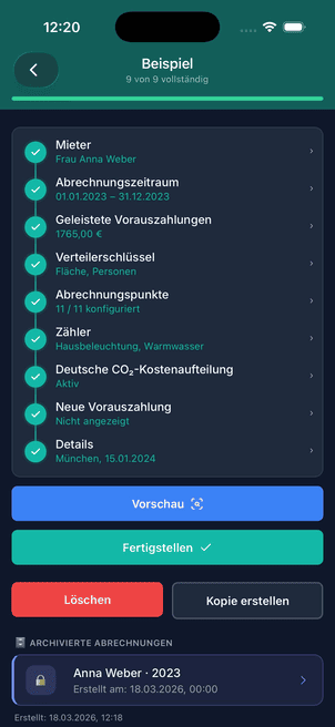 Fertige Nebenkostenabrechnung mit Checkliste aller neun Schritte und Button zum Fertigstellen