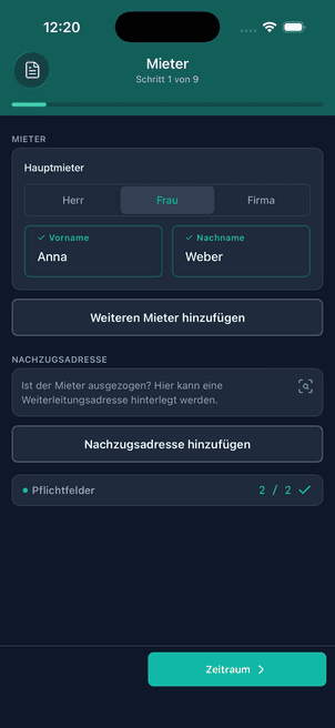 Schritt 1 von 9: Mieterdaten mit Anrede, Name und Nachzugsadresse eingeben