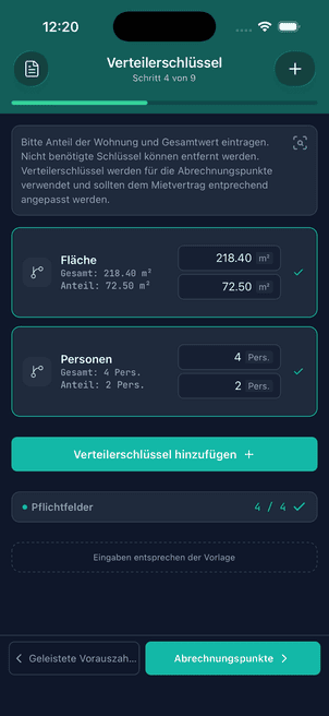 Schritt 4 von 9: Verteilerschlüssel nach Wohnfläche und Personen mit Gesamtwert und Anteil