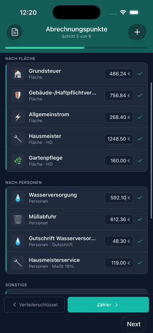 Schritt 5 von 9: Abrechnungspunkte wie Grundsteuer, Allgemeinstrom und Müllabfuhr je Verteilerschlüssel