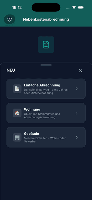 Auswahl beim Anlegen: einfache Abrechnung, einzelne Wohnung oder ganzes Gebäude